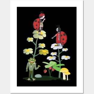 Ladybugs on flowers and a frog Posters and Art